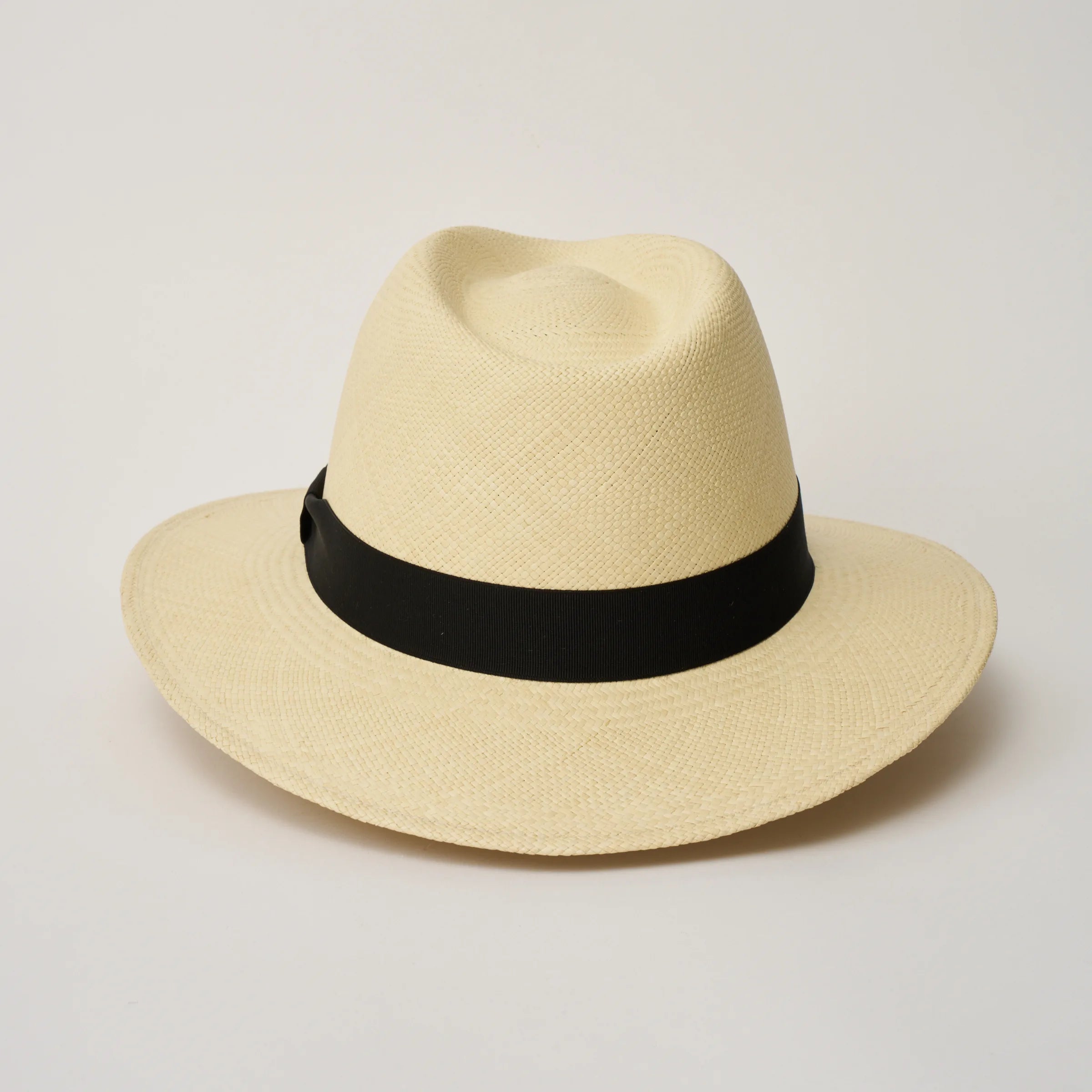 Studio image of the Camilo City Executive Natural coloured Panama Hat with Black trim shown from the back.