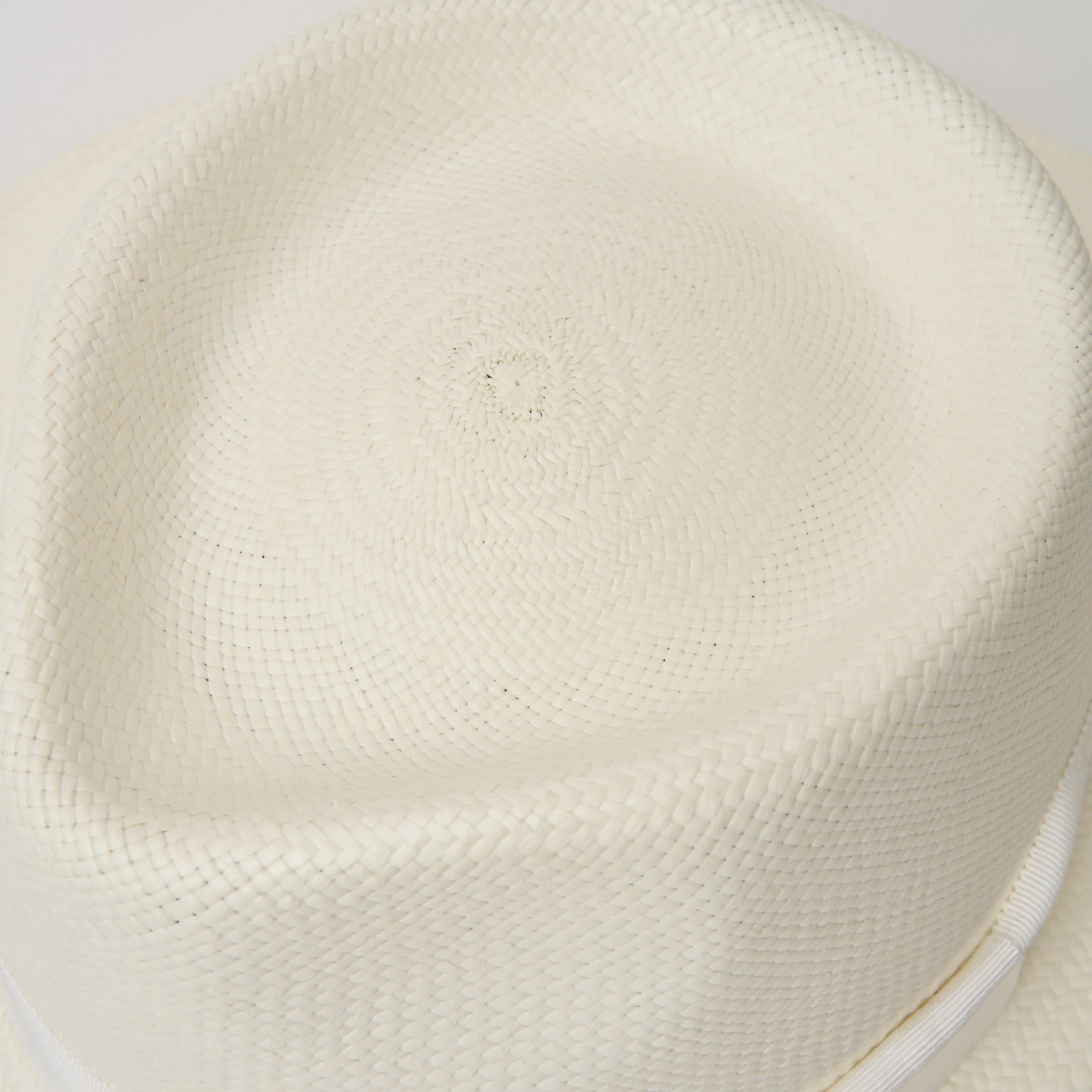 Studio image of the Camilo Country Cream coloured Panama Hat with White trim showing closeup of crown detail.