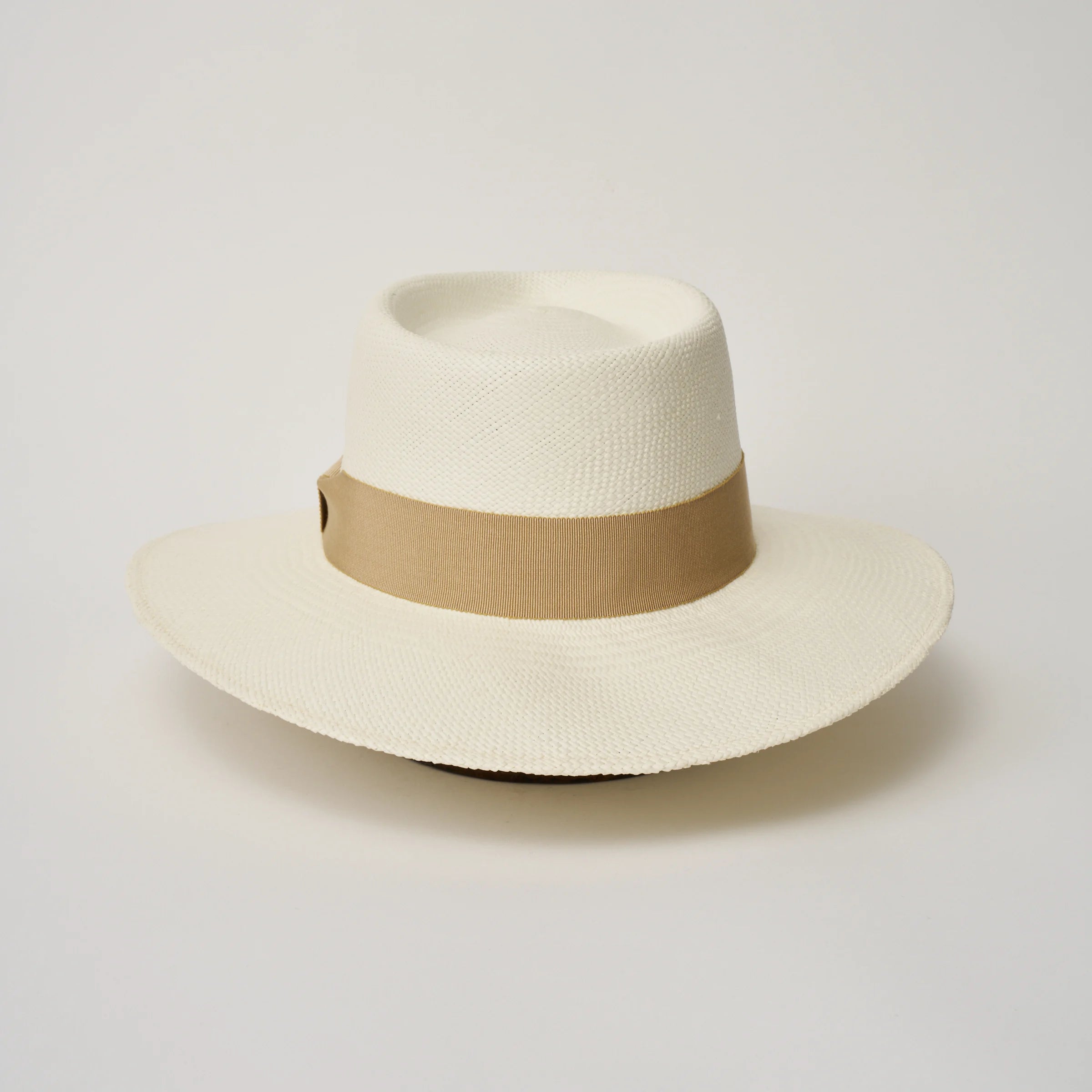 Studio image of the Camilo Country Cream coloured Panama Hat with Camel trim shown from the back.