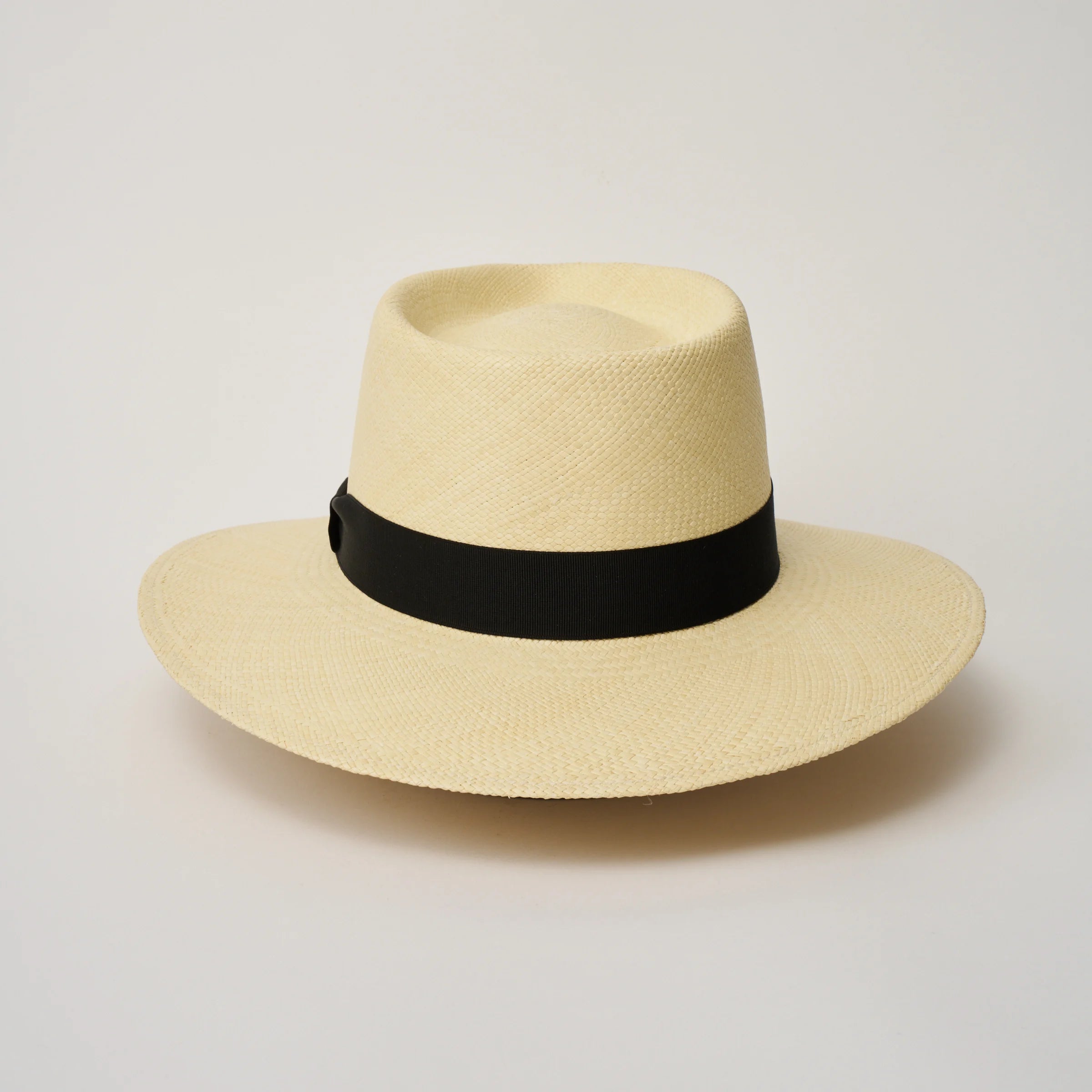 Studio image of the Camilo Country Natural coloured Panama Hat with Black trim taken from the back.