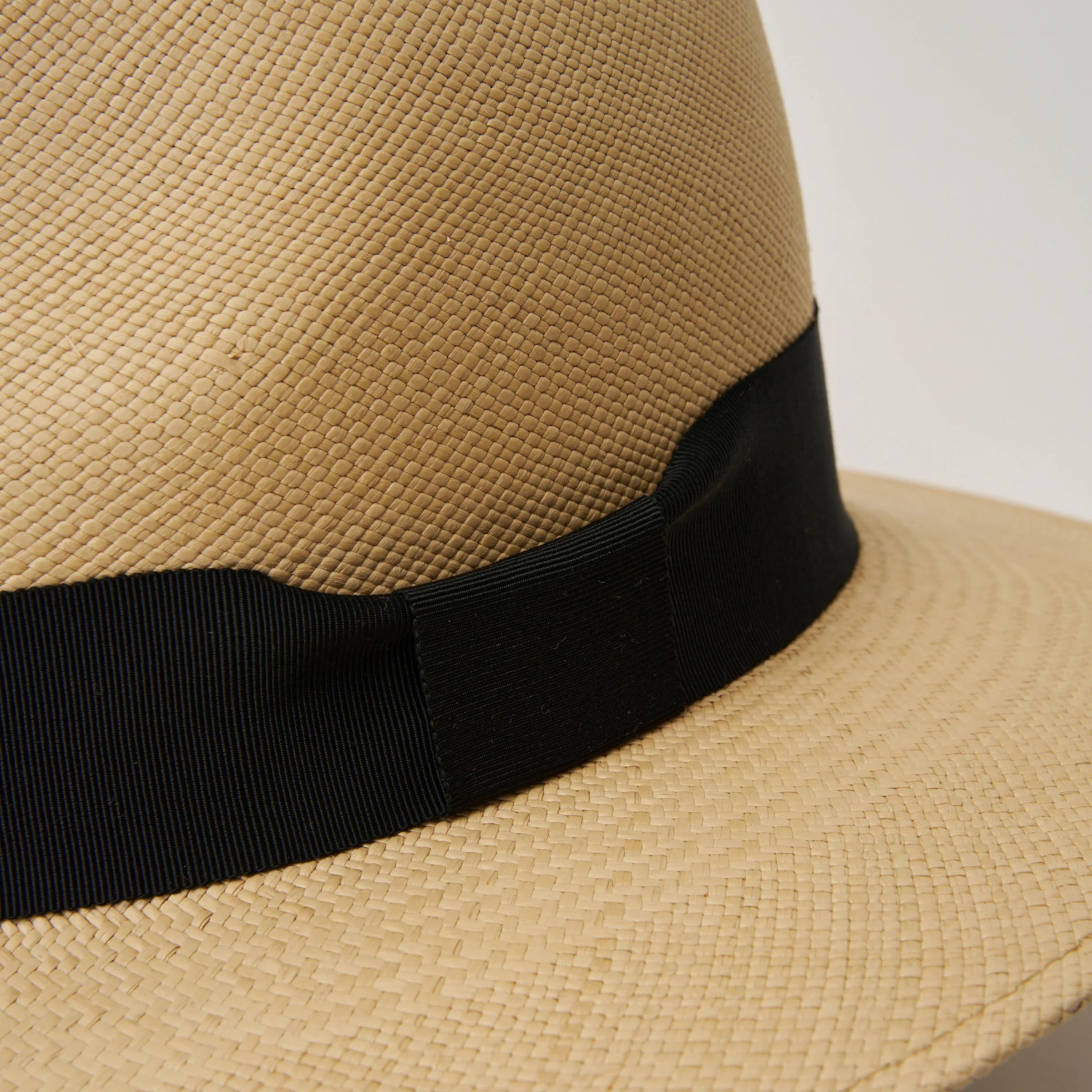 Studio closeup image of the black ribbon trim detail on the Sand coloured Camilo Executive Fino Panama hat.