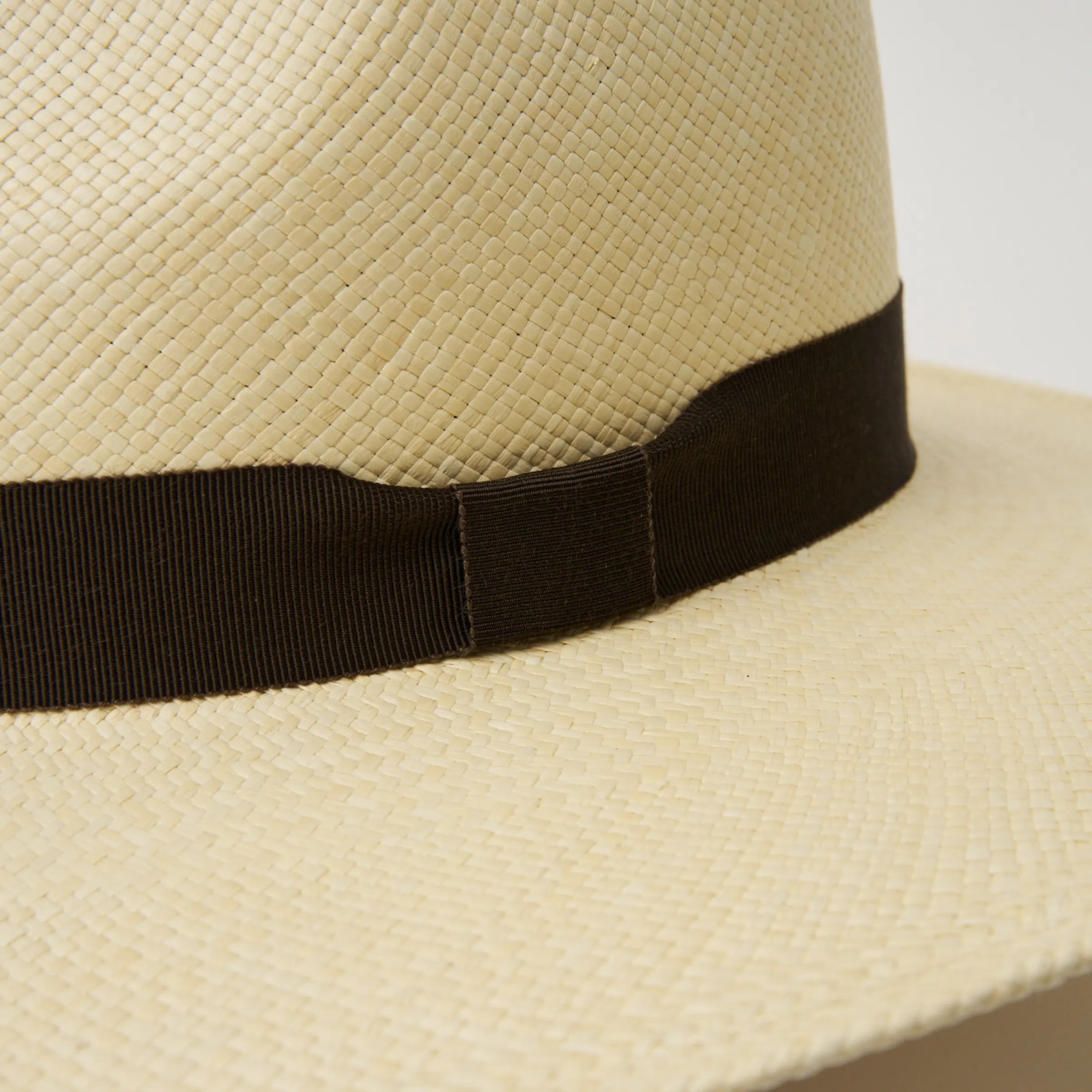 Studio closeup image of the espresso ribbon trim detail on the Natural coloured Camilo Oro Panama hat.