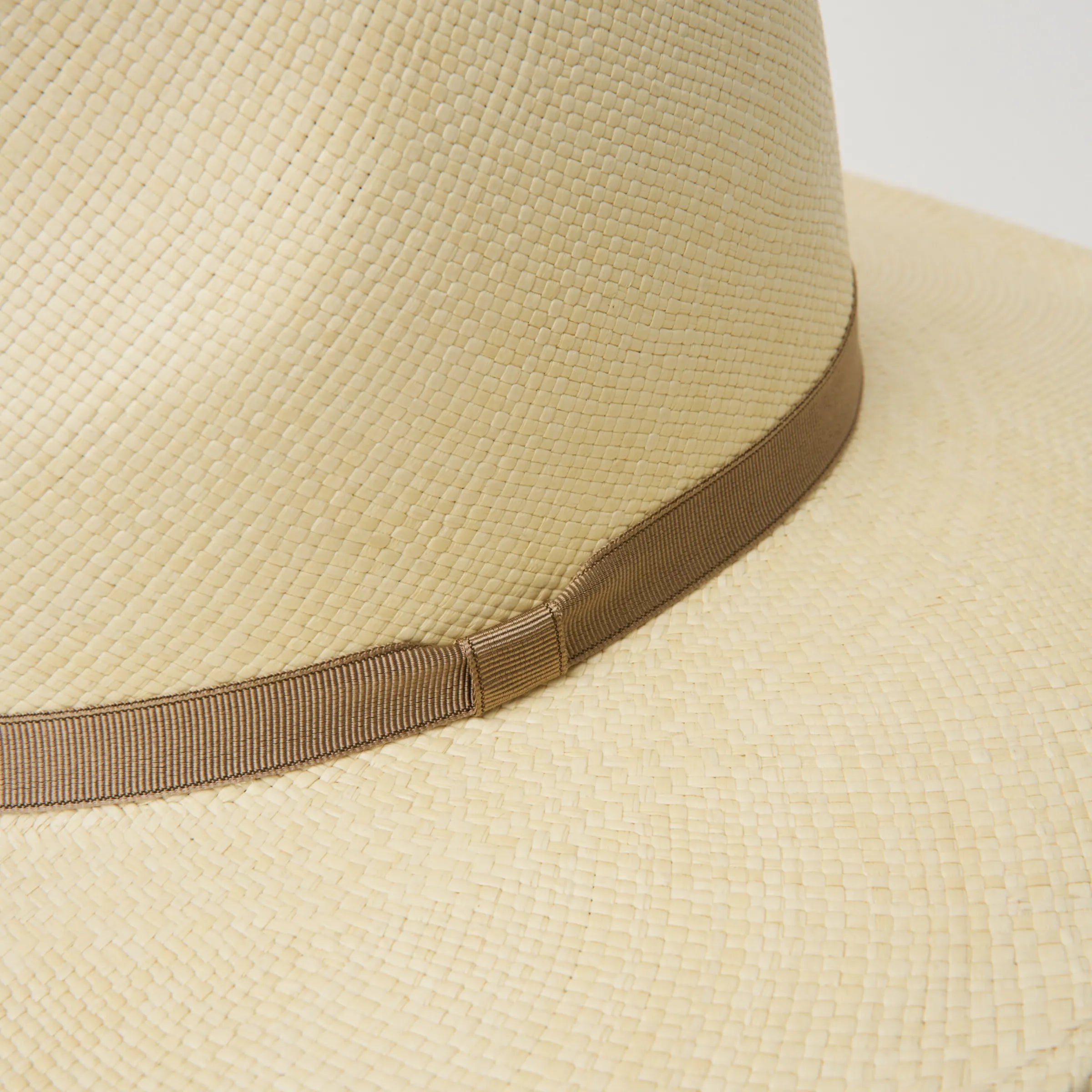 Studio closeup image of the Taupe ribbon trim detail on the Natural coloured Camilo Oro Panama hat.