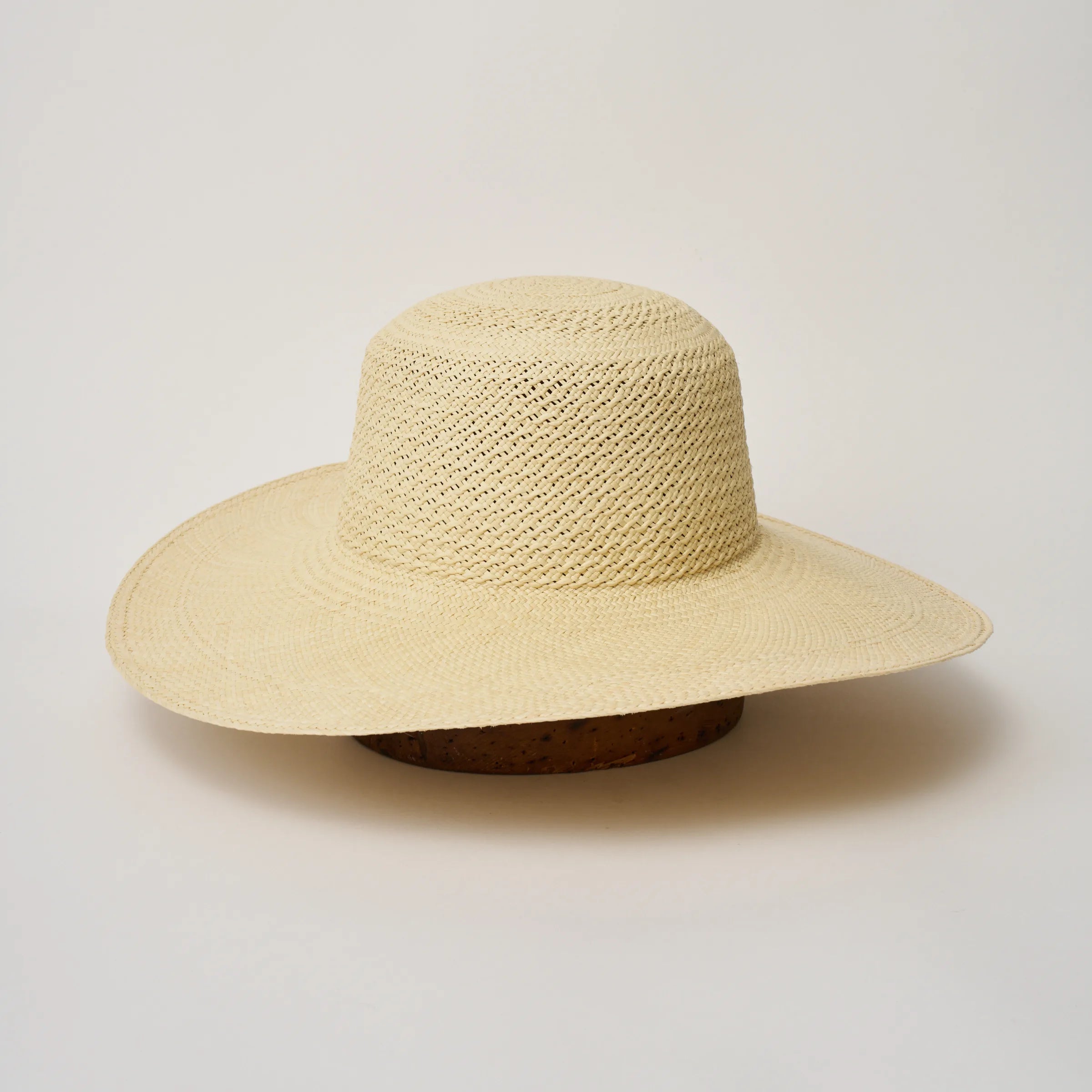 Studio image, angle view of the Rio Natural coloured Panama Hat, showing the open crown shape and crochet detail.