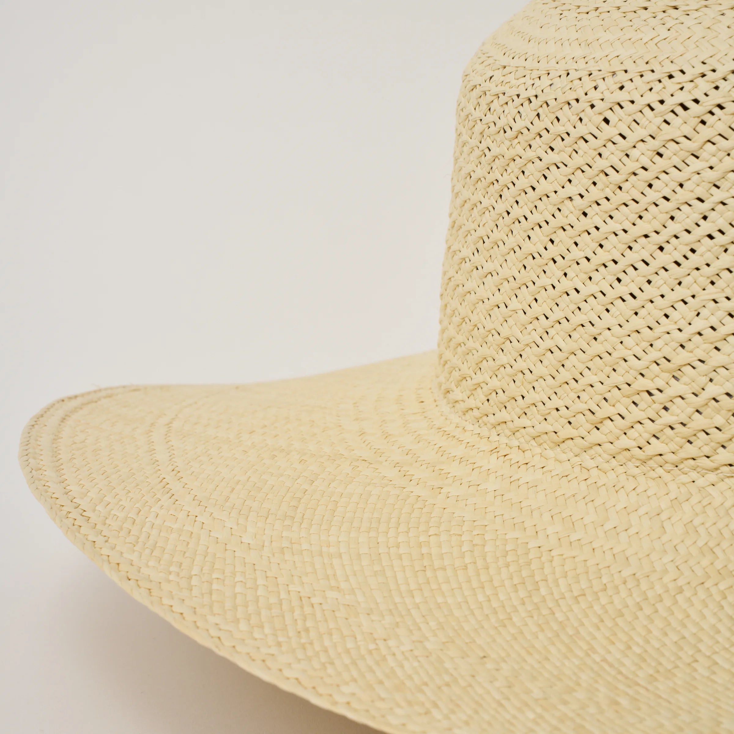 Studio image, closeup view of the Rio Natural coloured Panama Hat, showing the crochet detail on the crown.