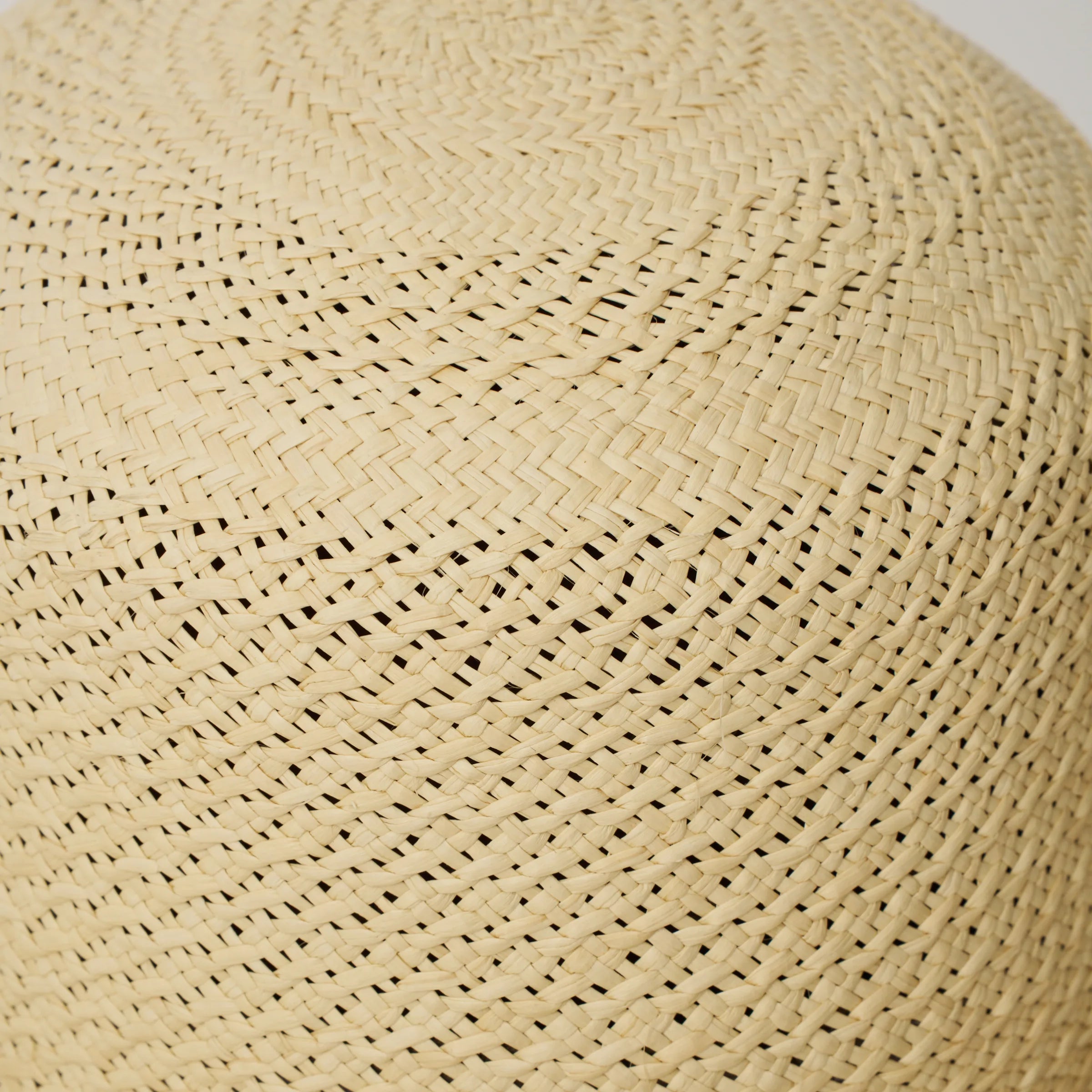 Studio image, closeup view of the Rio Natural coloured Panama Hat, showing the crochet detail at the top of the crown.