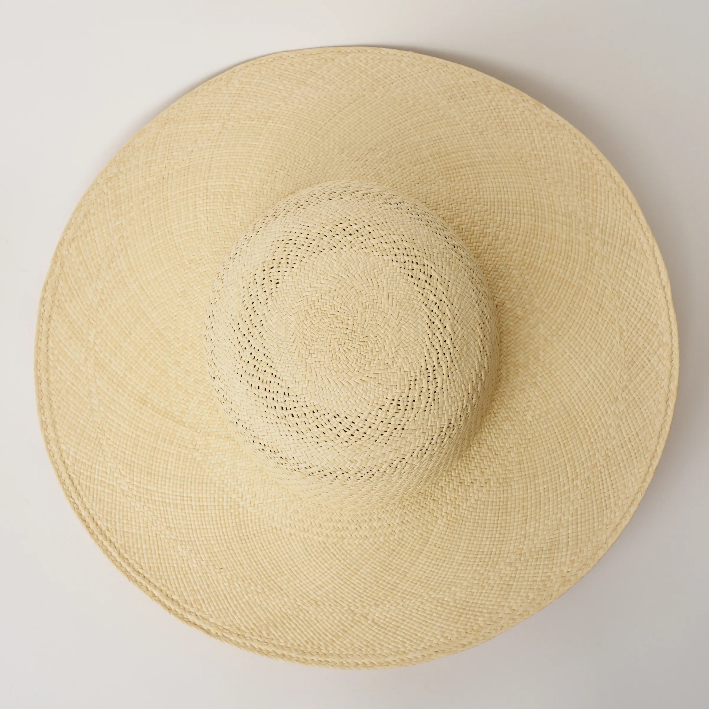 Studio image looking top down, of the Rio Natural coloured Panama Hat showing crochet crown detail.