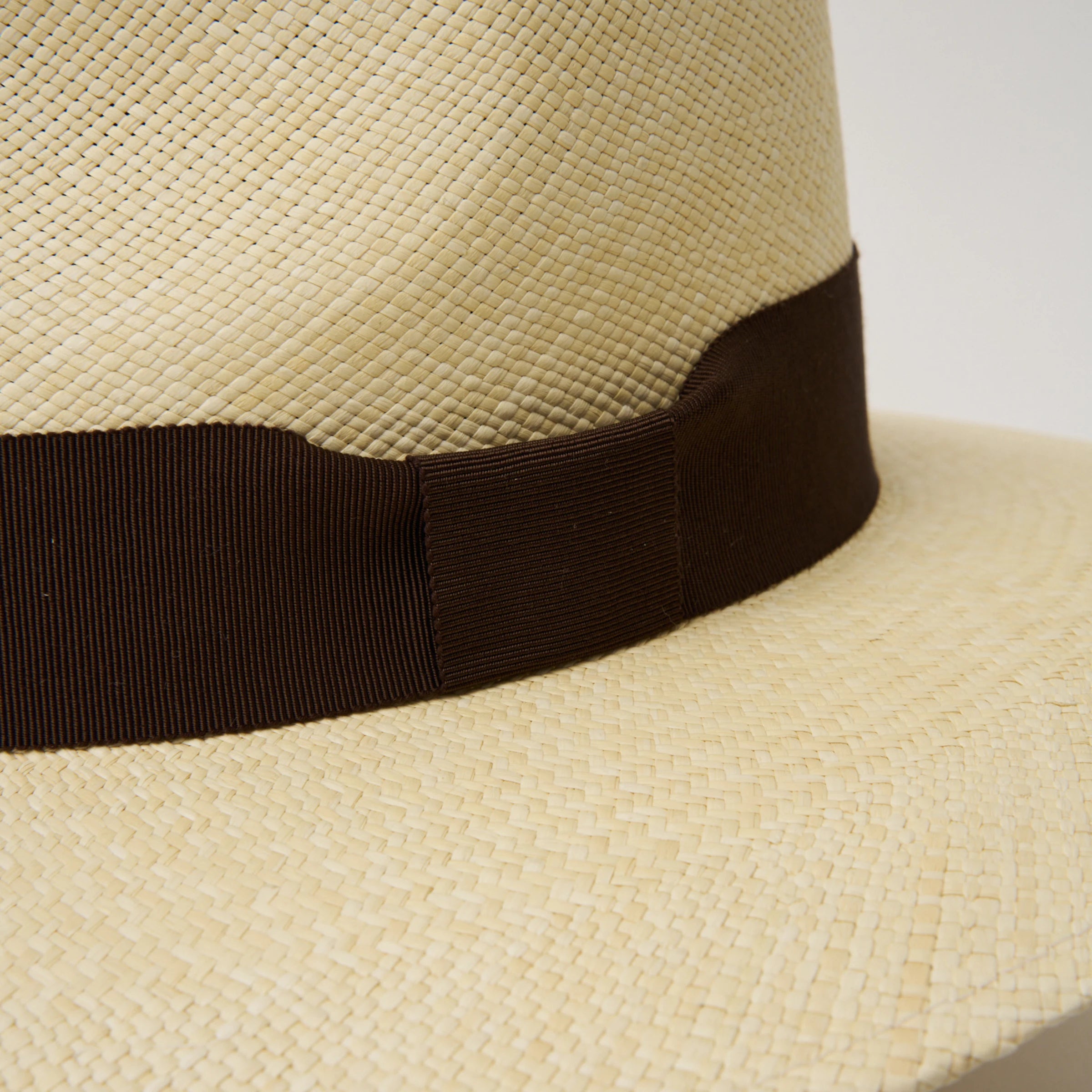 Studio closeup image of the weave and trim on the Natural/Chocolate coloured Camilo Vita Panama hat.