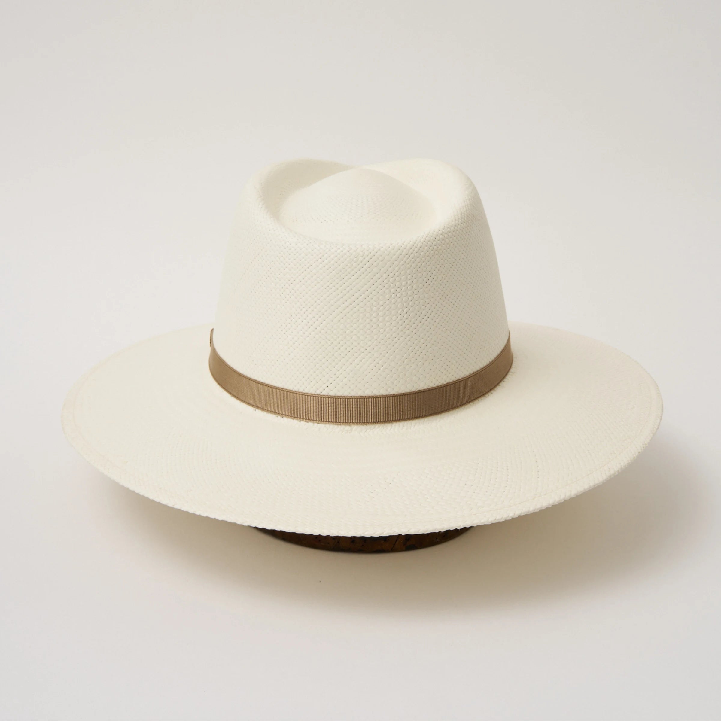 Studio image of the Camilo Vita Cream coloured Panama Hat with Taupe trim shown from the back.