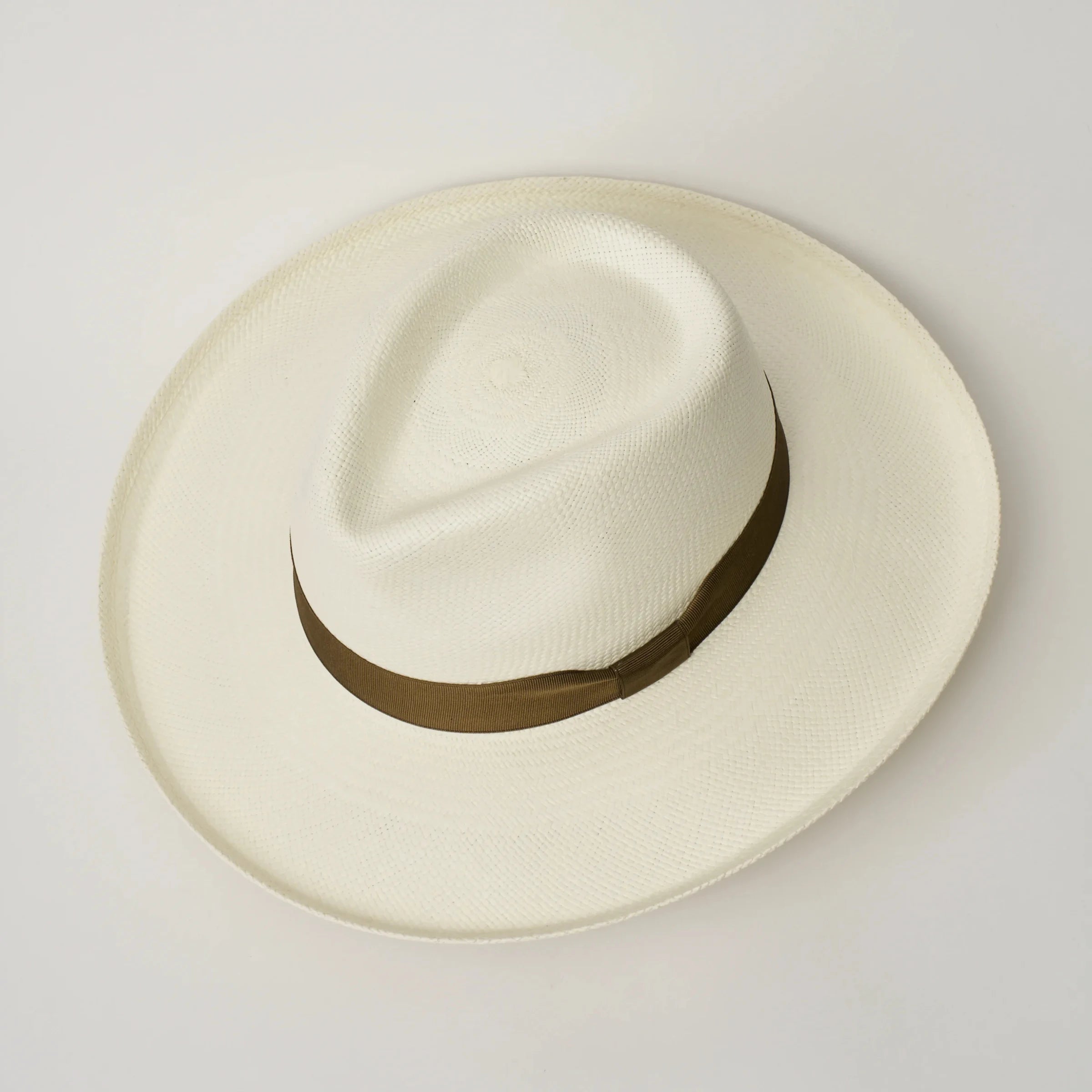 Studio image, looking top-down on the Camilo Grand Planter Cream coloured Panama Hat with Fawn trim, showing the crown shape.