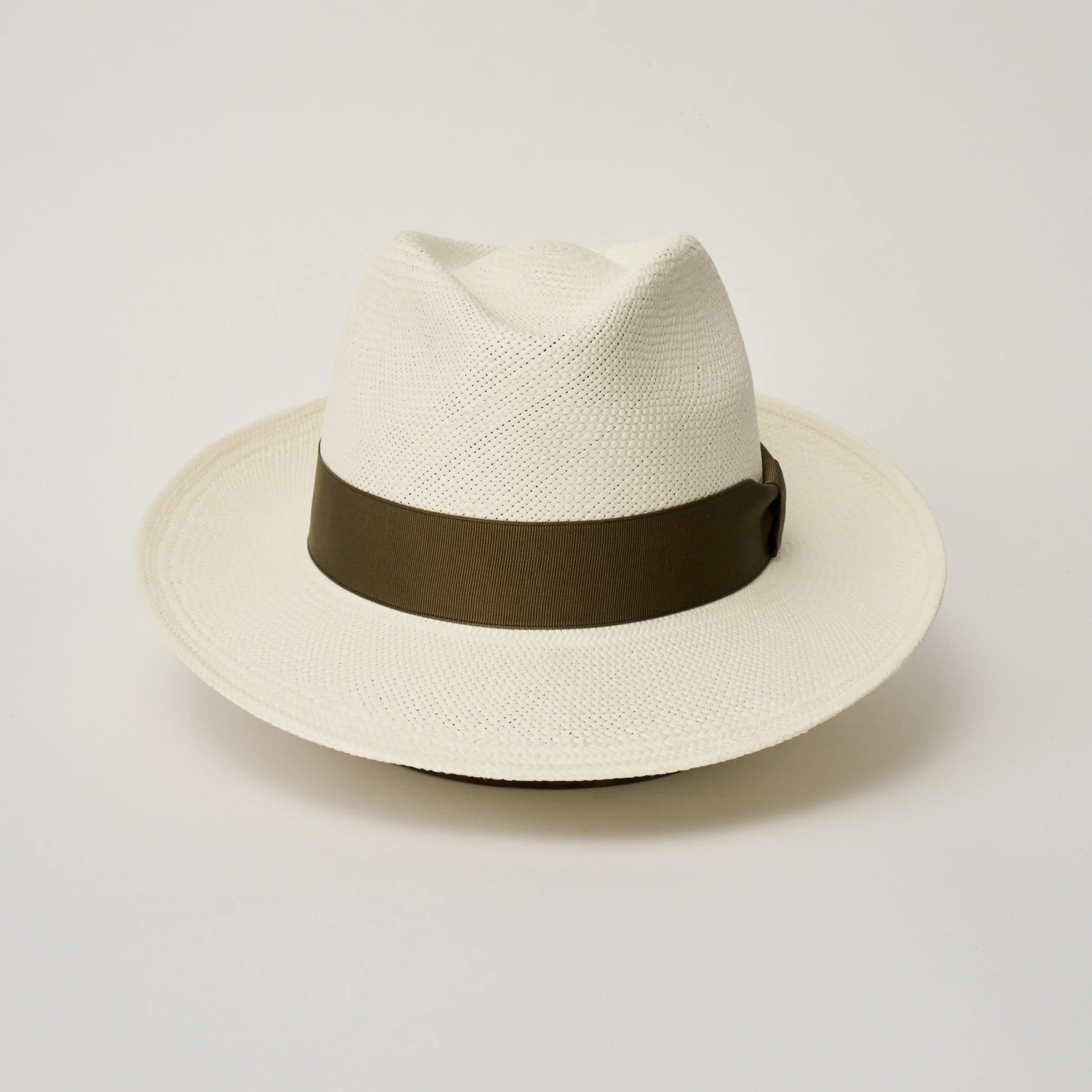 Studio image taken from the front, showing the Camilo New Fedora Cream coloured Panama Hat with Fawn trim.