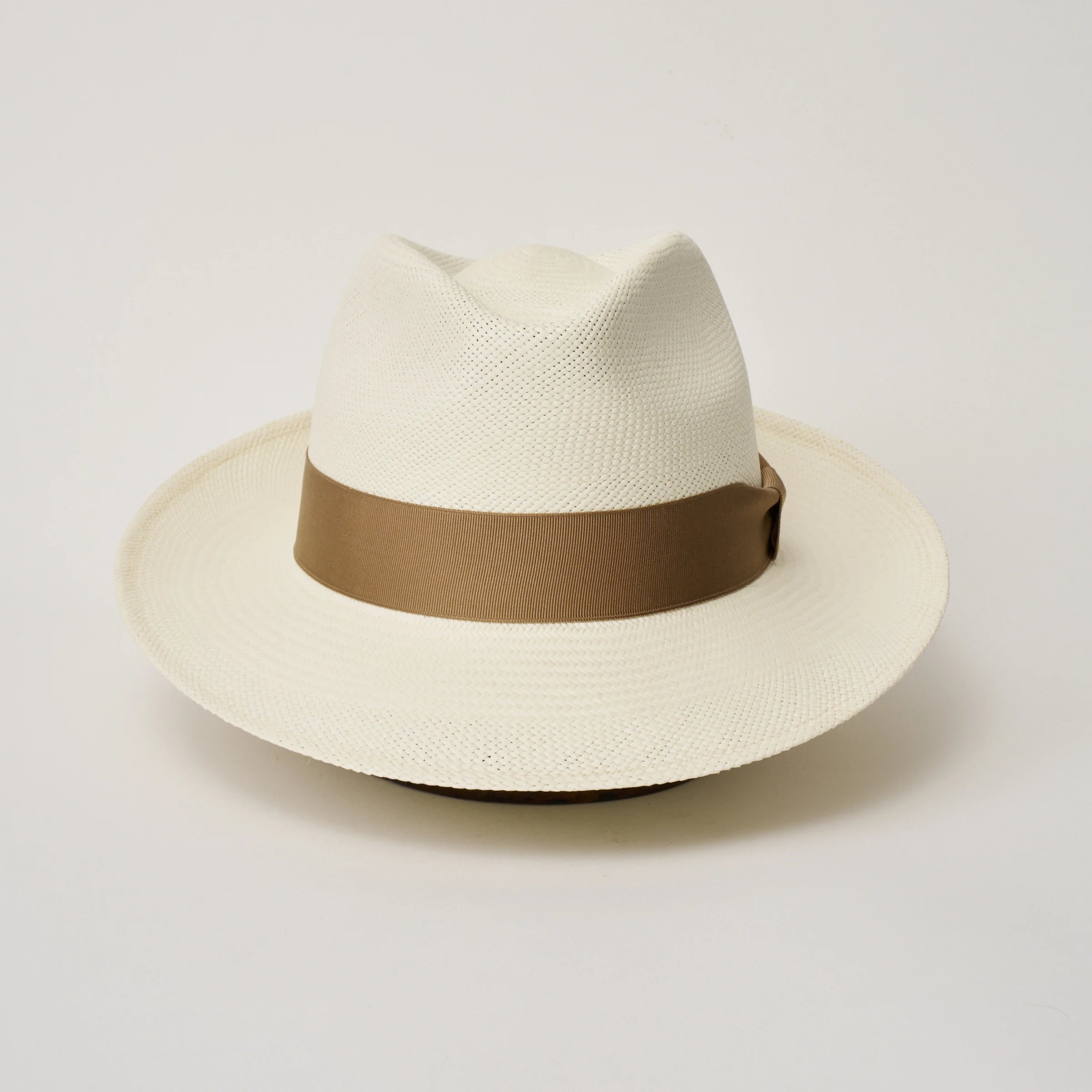 Studio image taken from the front, showing the Camilo New Fedora coloured Panama Hat with Tan trim.