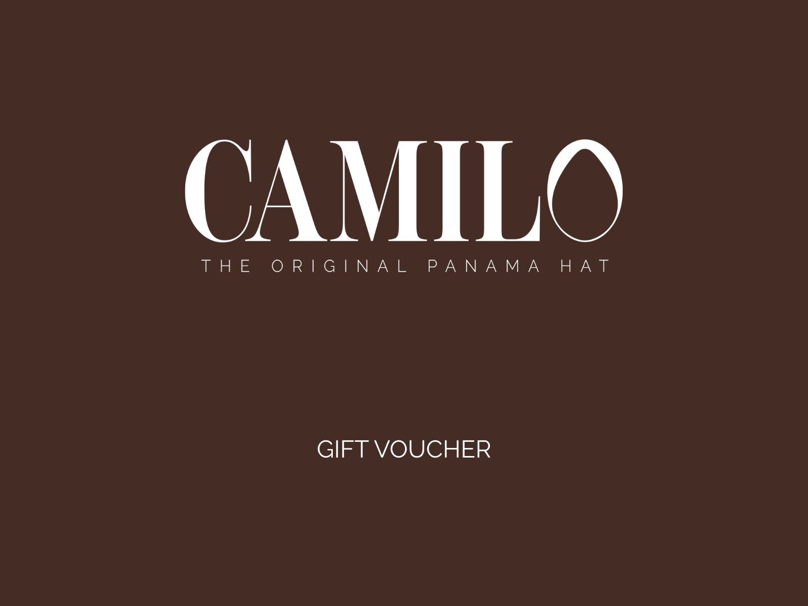 Camilo Hats gift voucher with brand name on a brown background