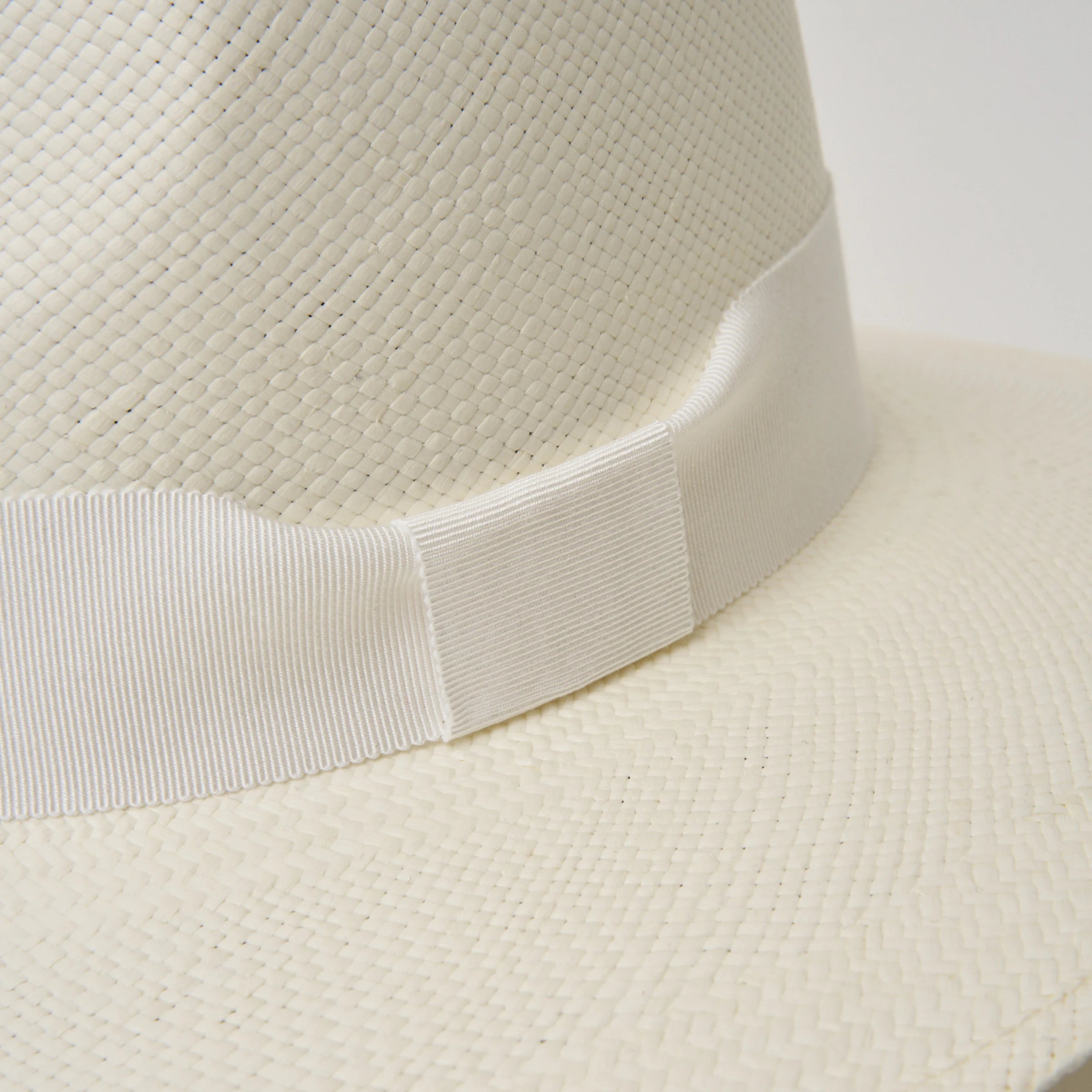Studio image of the Camilo Country Cream coloured Panama Hat showing closeup of  White trim.
