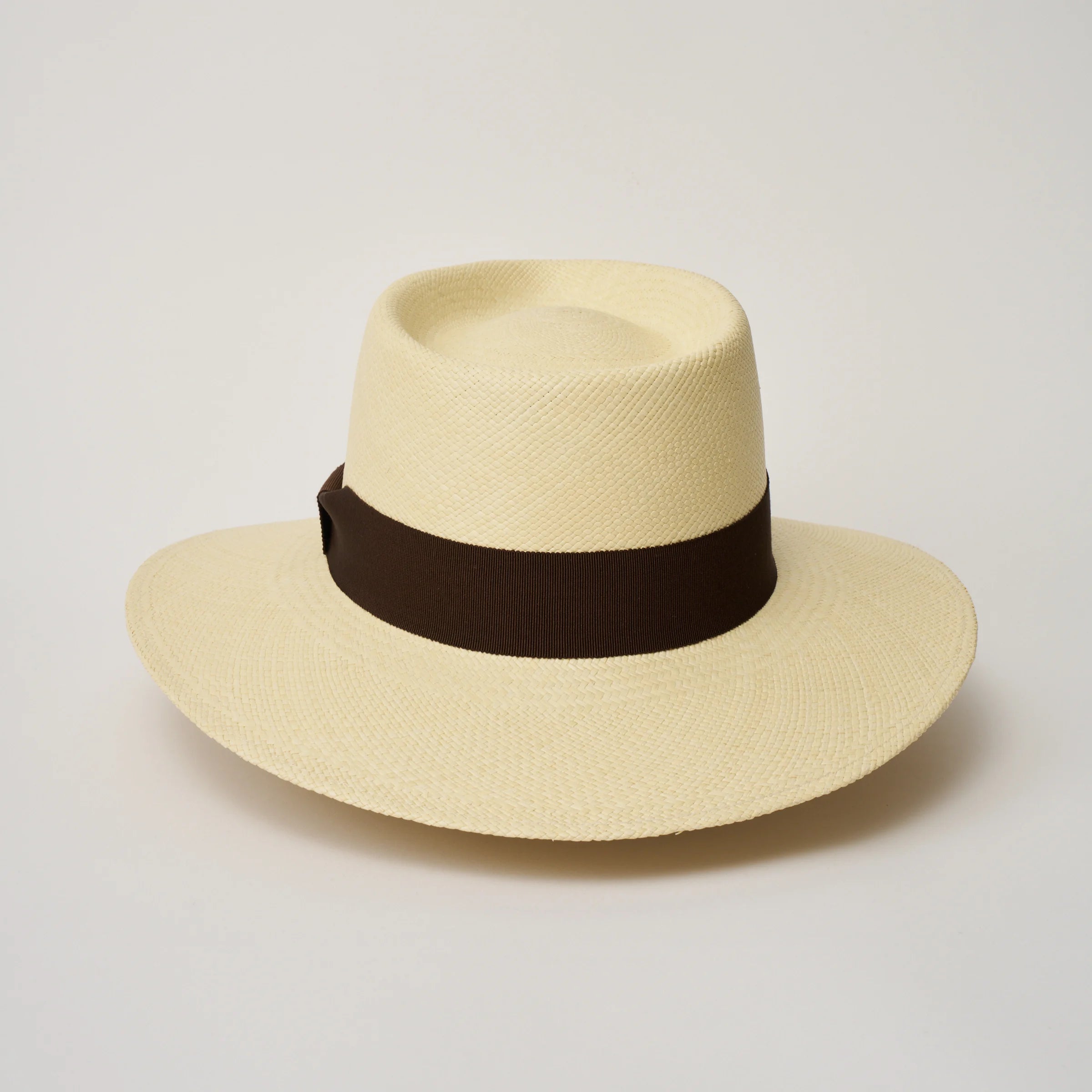 Studio image of the Camilo Country Natural coloured Panama Hat with Chocolate trim taken from the back.