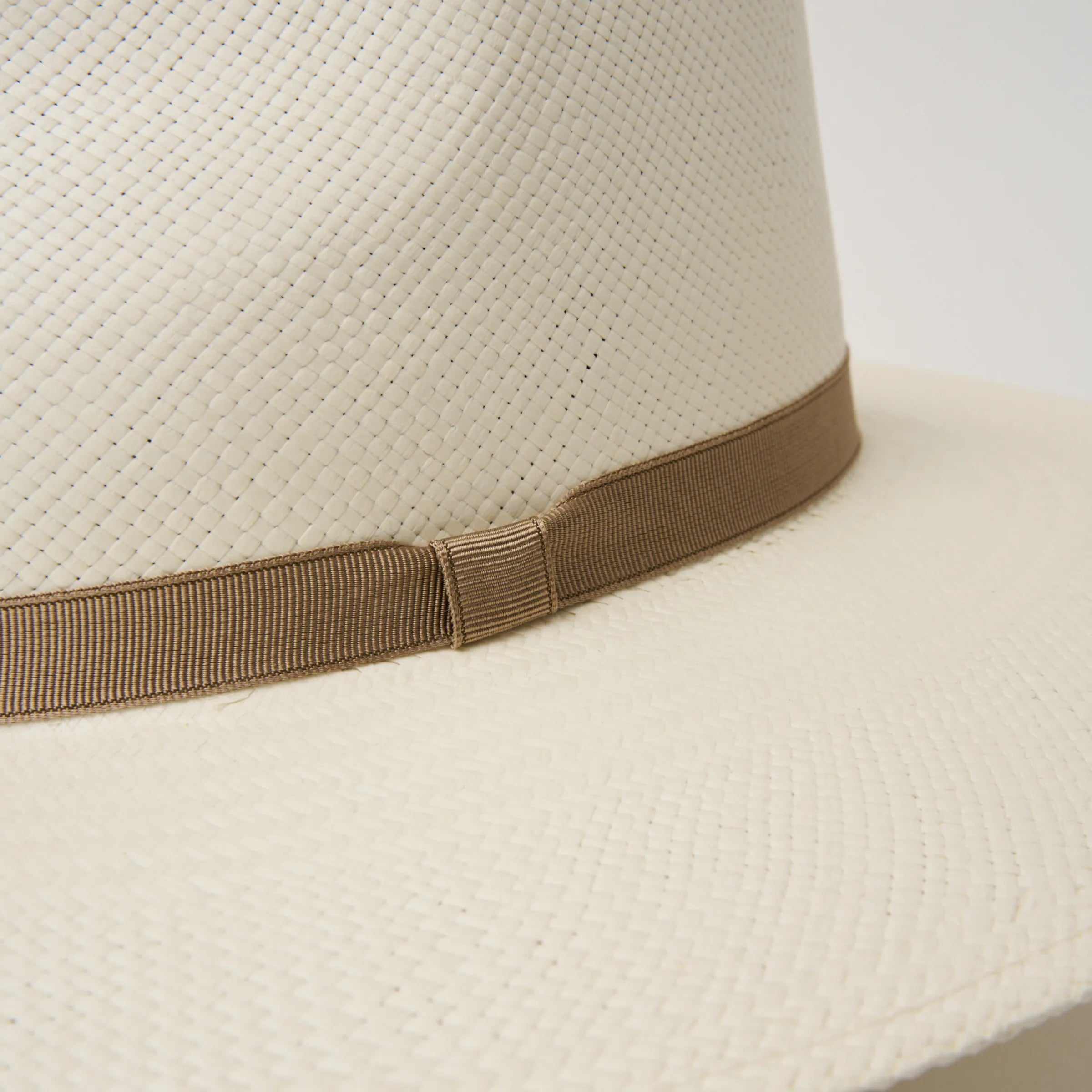 Studio closeup image of the weave  and trim on the Cream/Taupe coloured Camilo Vita Panama hat.
