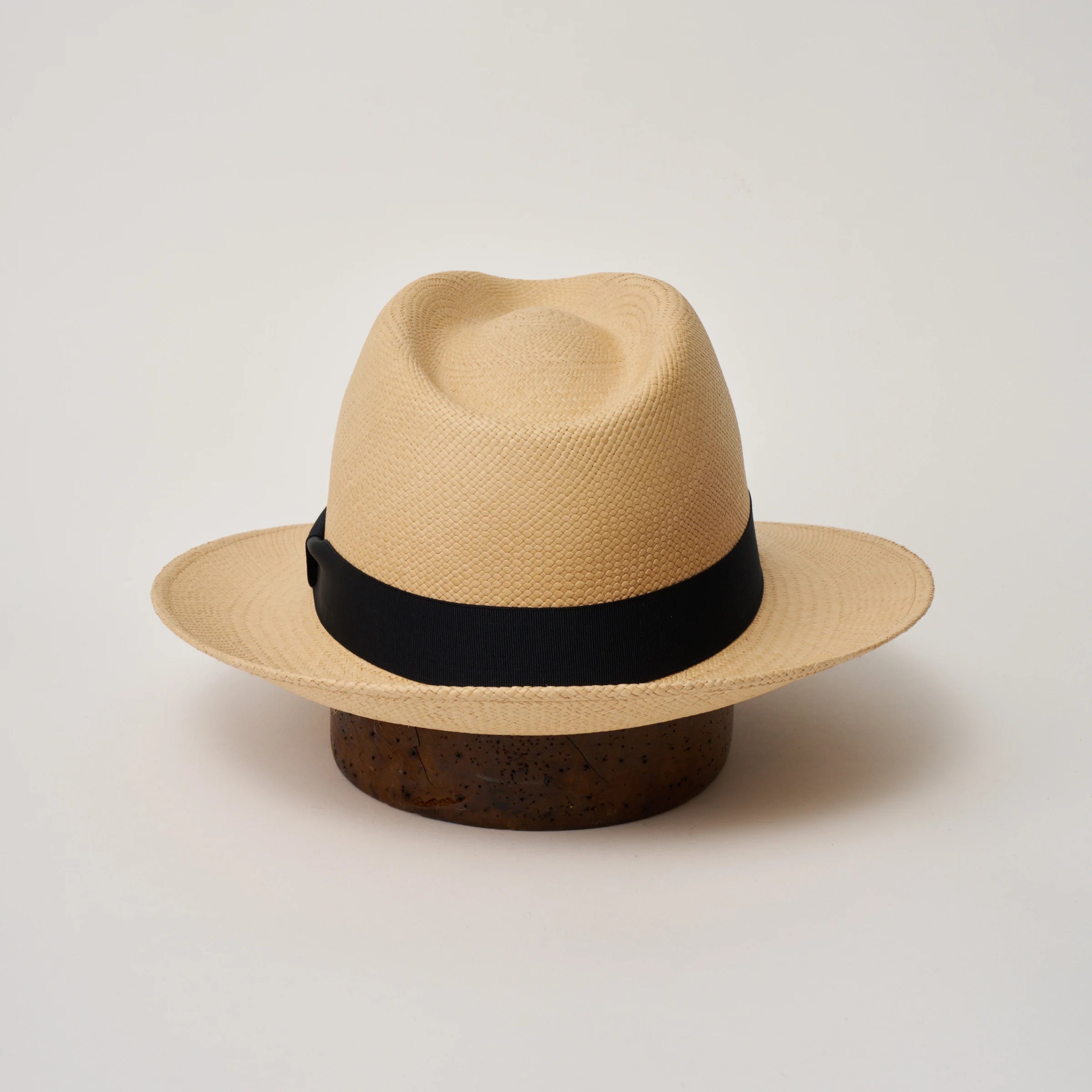 Studio image of the Camilo New Fedora Sand coloured Panama Hat with Marine trim shown from the back, showing snapback brim.